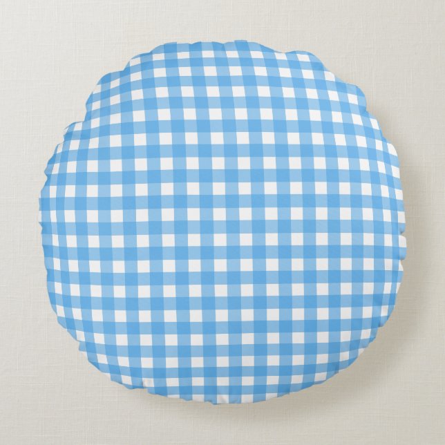 Sky blue gingham rond kussen (Voorkant)