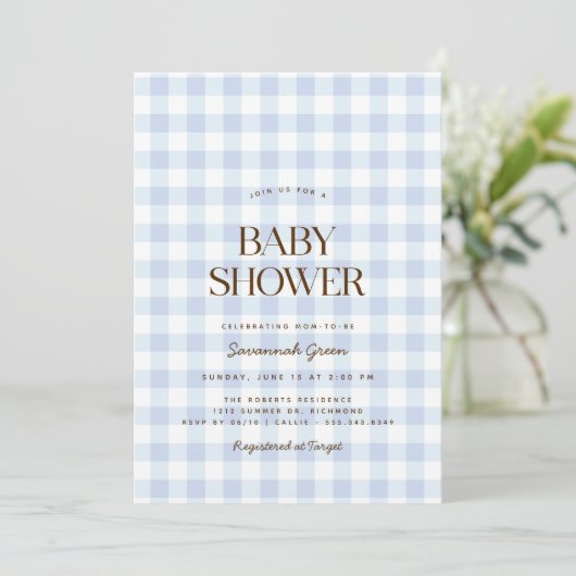 Sky Blue Gingham | Zomer picknick Baby shower Kaart (Staand voorkant)