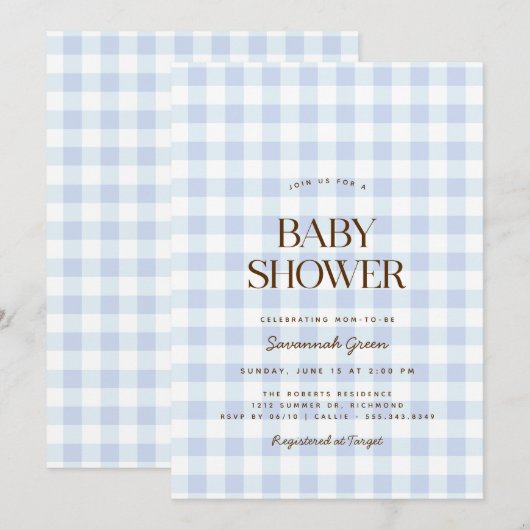 Sky Blue Gingham | Zomer picknick Baby shower Kaart (Voorkant / Achterkant)