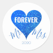 Sky Blue Glitter Heart Mr+Mrs Round Sticker (Voorkant)