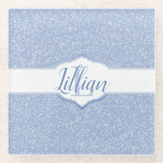 Sky Blue Glitter Monogram Glazen Onderzetter (Voorkant)