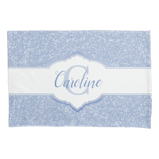 Sky Blue Glitter Monogram Kussensloop (Voorkant)