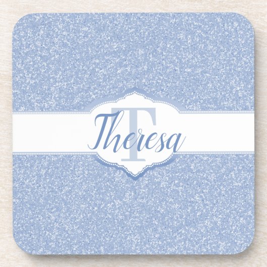 Sky Blue Glitter Monogram Plastic Onderzetter (Voorkant)