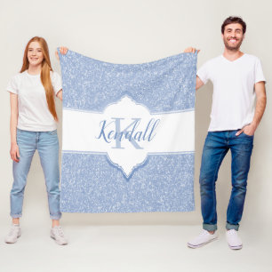 Sky Blue Glitter Monogram Throw Blanket Fleece Deken