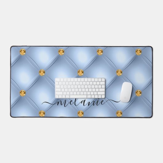 Sky Blue Gold Diamond Tufted Custom Naam Bureaumat (Keyboard & Muis)