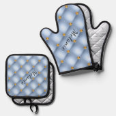 Sky Blue Gold Diamond Tufted Custom Naam Ovenwant & Pannenlap Set (Voorkant / Achterkant)