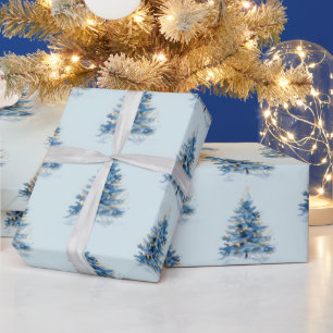 Sky Blue Gold kerstbomen Cadeaupapier