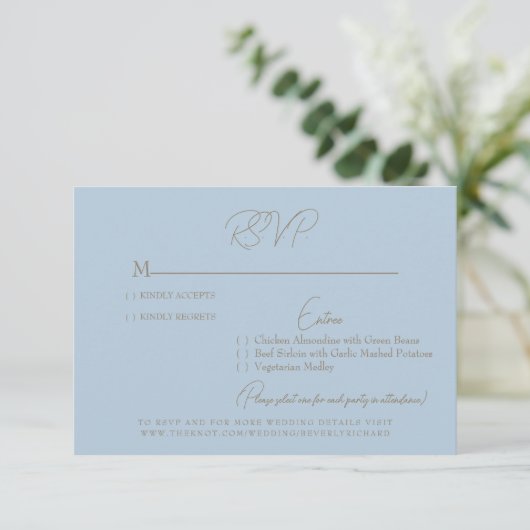Sky Blue Gold Text Wedding RSVP Card (Staand voorkant)