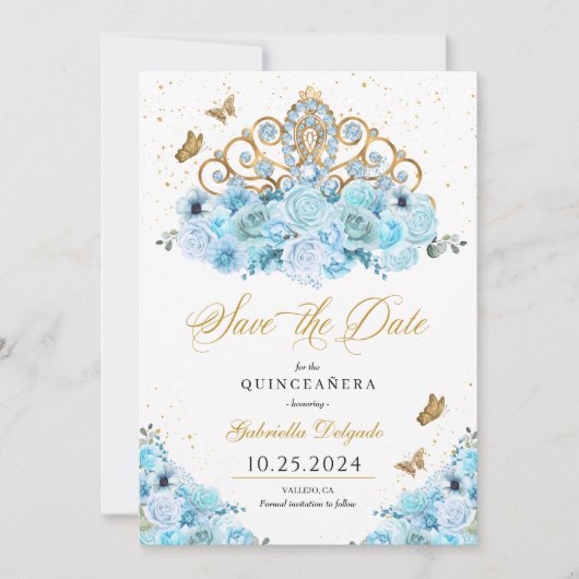 Sky Blue & Gold Tiara Bewaar de datum Quinceañera Kaart (Voorkant)
