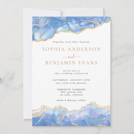 Sky Blue Gouden Agaat Moderne bruiloft Kaart (Voorkant)