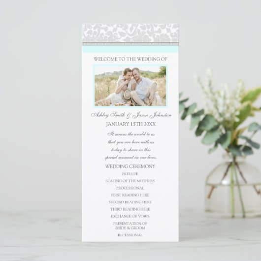 Sky Blue Grey Damask Fotohuwelijksprogramma Programmakaart (Staand voorkant)