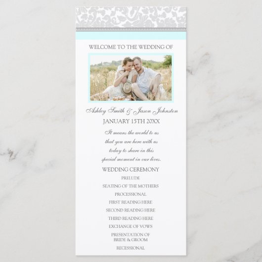 Sky Blue Grey Damask Fotohuwelijksprogramma Programmakaart (Voorkant)