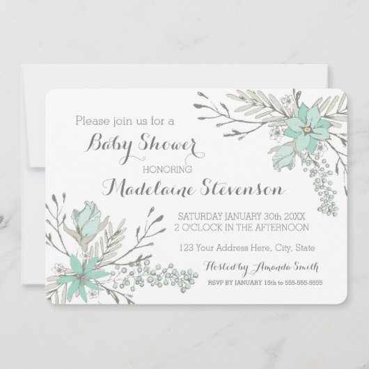Sky Blue Grey Flowers Baby Shower Invitaties Kaart (Achterkant)