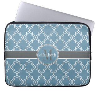 Sky Blue Grey White Moroccan Quatrefoil Monogram Laptop Sleeve