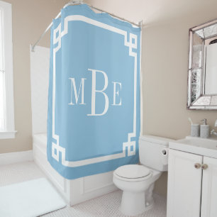 Sky Blue Griekse Key Border Monogram Douchegordijn