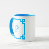 Sky Blue Griekse Key Border Monogram Mok (Voorkant links)