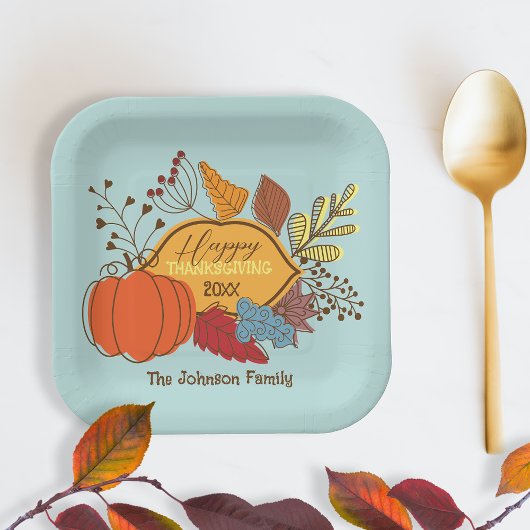 Sky Blue Herfst Foliage Pompoen Thanksgiving Diner Papieren Bordje