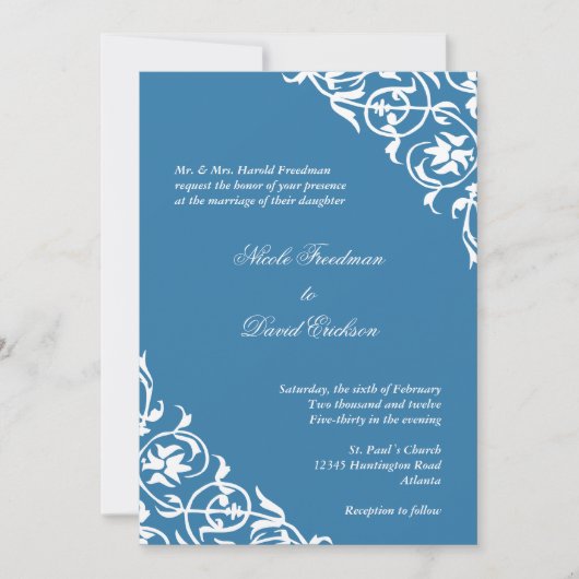Sky blue hoek scroll script elegant bruiloft kaart (Voorkant)