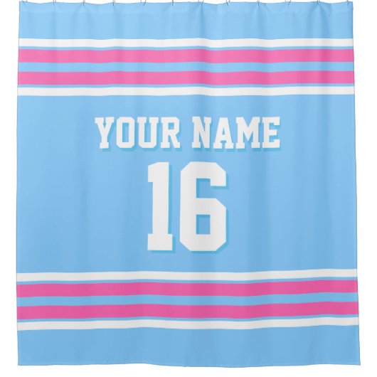 Sky Blue Hot Pink White Stripes Sporttrui Douchegordijn (Voorkant)