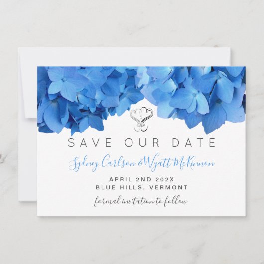 Sky Blue Hydrangea Floral Two Hearts Save The Date (Voorkant)