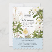 Sky Blue Ivory Roos Peony w Leaf Foliage Wedding Kaart (Voorkant)