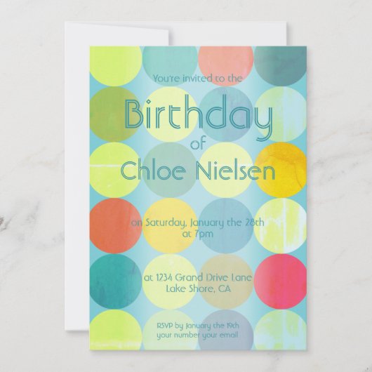 Sky Blue & Kleurrijke Cirkels Verjaardag Uitnodigi Kaart (Voorkant)