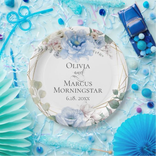 Sky Blue Magnolia en Peony Summer Wedding Papieren Bordje (Feest)