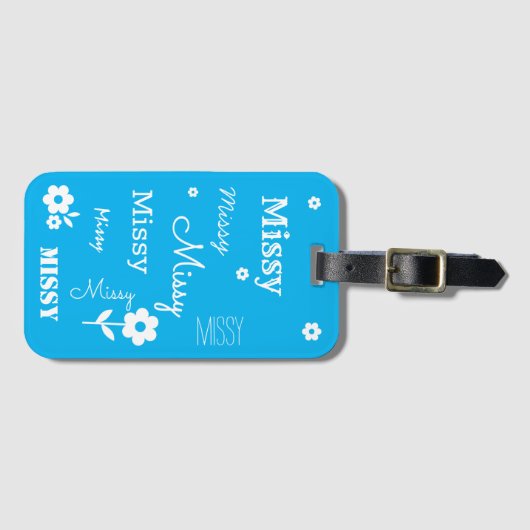 Sky Blue met witte bloemen, Gepersonaliseerd Bagagelabel (Voorkant (horizontaal))