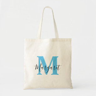 Sky Blue Monogram Black Script Name Canvas tas
