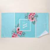 Sky Blue Monogram Waterverf Flowers Beach Towel Strandlaken (Voorkant)
