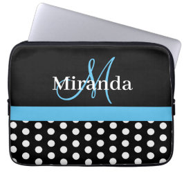 Sky Blue Monogram Zwart Wit Polka Dot Laptop Sleeve