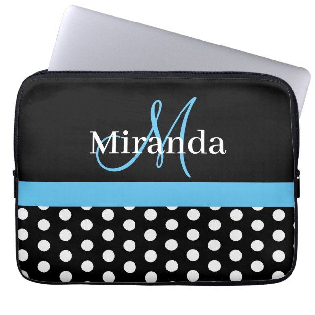 Sky Blue Monogram Zwart Wit Polka Dot Laptop Sleeve (Voorkant)