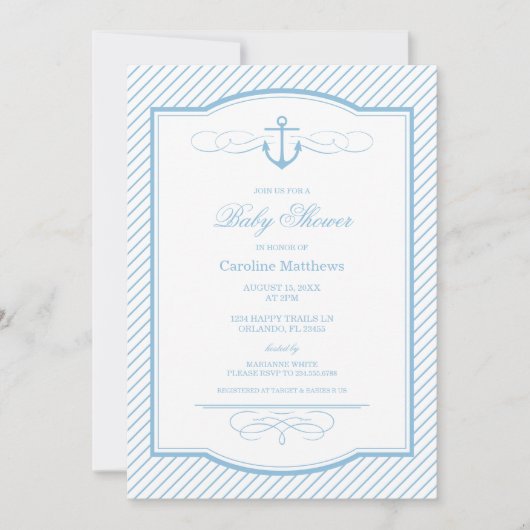 Sky Blue Nautical Anchor and Stripes Baby shower Kaart (Voorkant)