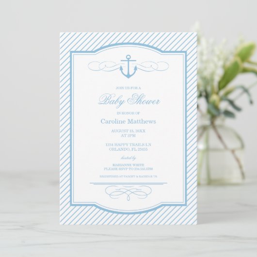 Sky Blue Nautical Anchor and Stripes Baby shower Kaart (Staand voorkant)
