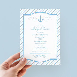 Sky Blue Nautical Anchor and Stripes Baby shower Kaart