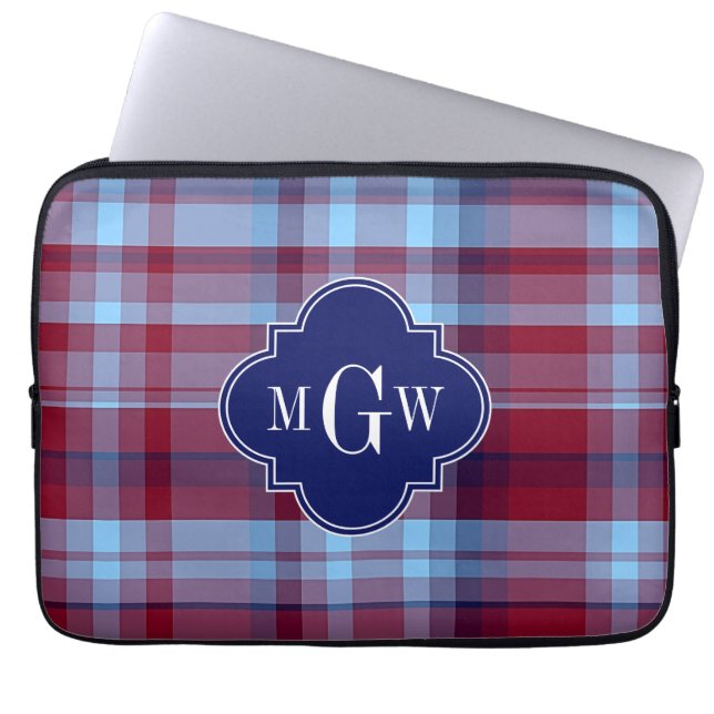 Sky Blue Navy Burgundy Preppy Madras Monogram Laptop Sleeve (Voorkant)