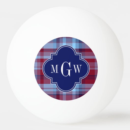 Sky Blue Navy Burgundy Preppy Madras Monogram Pingpongbal (Achterkant)