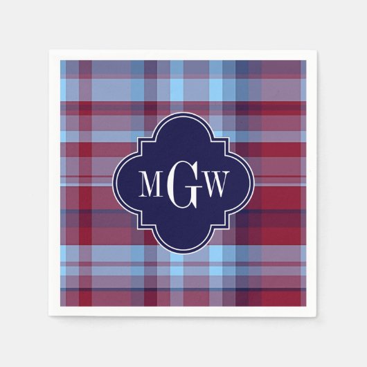 Sky Blue Navy Burgundy Preppy Madras Monogram Servetten (Voorkant)