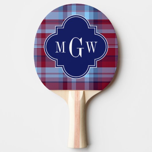 Sky Blue Navy Burgundy Preppy Madras Monogram Tafeltennisbatje (Voorkant)