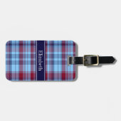 Sky Blue Navy Burgundy Preppy Madras N Monogram Bagagelabel (Voorkant horizontaal)