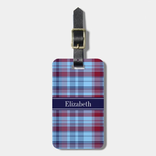 Sky Blue Navy Burgundy Preppy Madras N Monogram Bagagelabel (Voorkant verticaal)