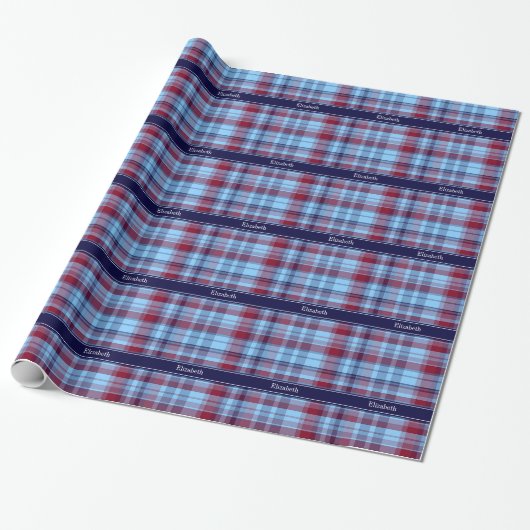 Sky Blue Navy Burgundy Preppy Madras N Monogram Cadeaupapier (Uitgerold)