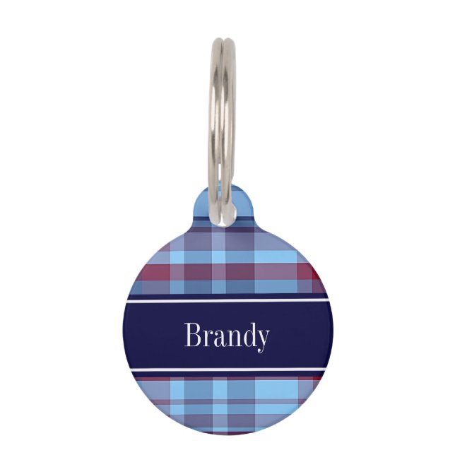 Sky Blue Navy Burgundy Preppy Madras N Monogram Huisdierpenning (Voorkant)