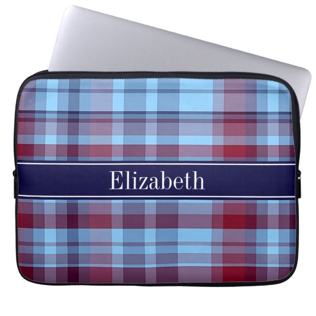 Sky Blue Navy Burgundy Preppy Madras N Monogram Laptop Sleeve (Voorkant)