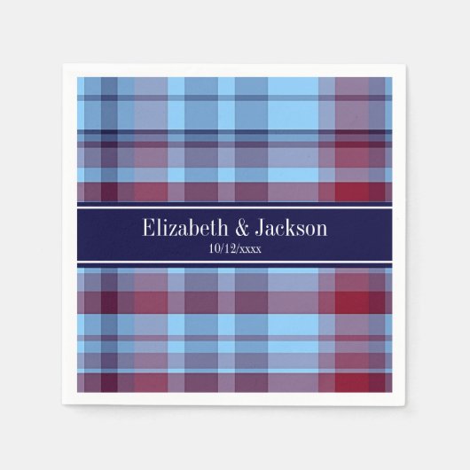 Sky Blue Navy Burgundy Preppy Madras N Monogram Servetten (Voorkant)