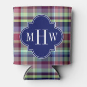 Sky Blue Navy Burgundy Wht Preppy Madras Monogram Blikjeskoeler (Voorkant)