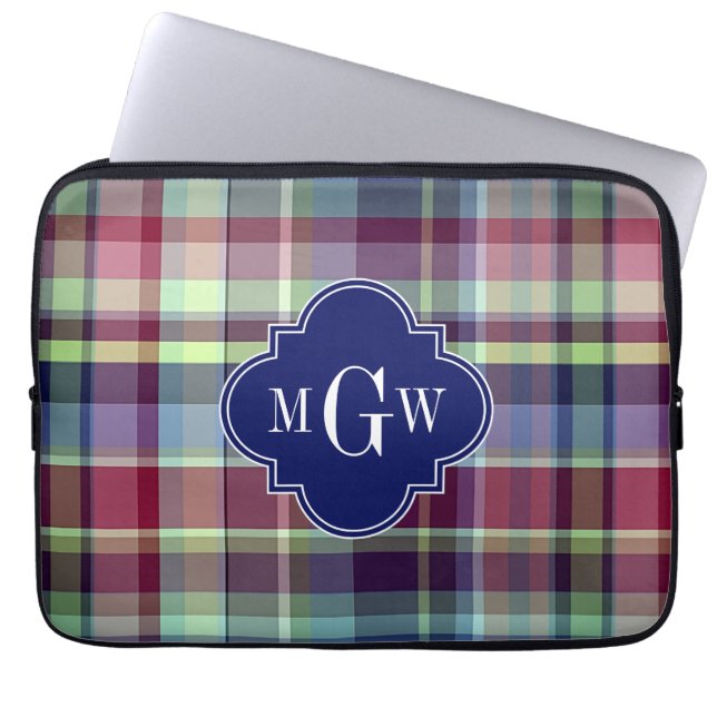 Sky Blue Navy Burgundy Wht Preppy Madras Monogram Laptop Sleeve (Voorkant)