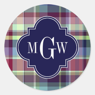 Sky Blue Navy Burgundy Wht Preppy Madras Monogram Ronde Sticker