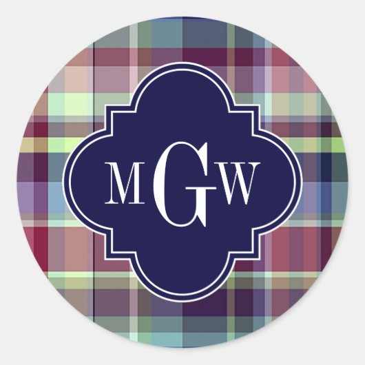 Sky Blue Navy Burgundy Wht Preppy Madras Monogram Ronde Sticker (Voorkant)