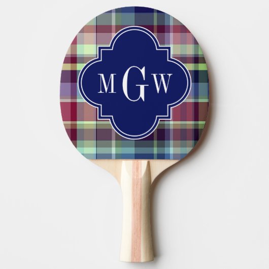 Sky Blue Navy Burgundy Wht Preppy Madras Monogram Tafeltennisbatje (Voorkant)